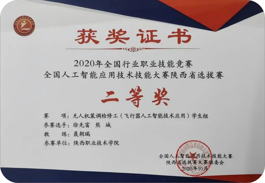 2020年全国人工智能应用技术技能大赛陕西省选拔赛二等奖证书